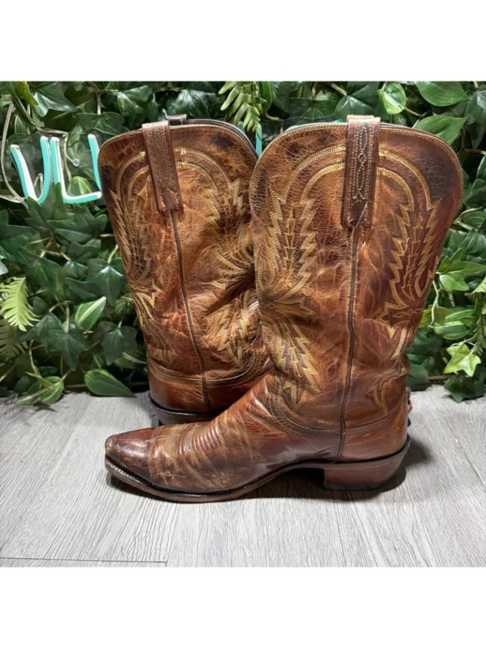 Lucchese 1883 Distressed Brown Leather Snip Toe Western Cowboy Boots Men 10.5 D